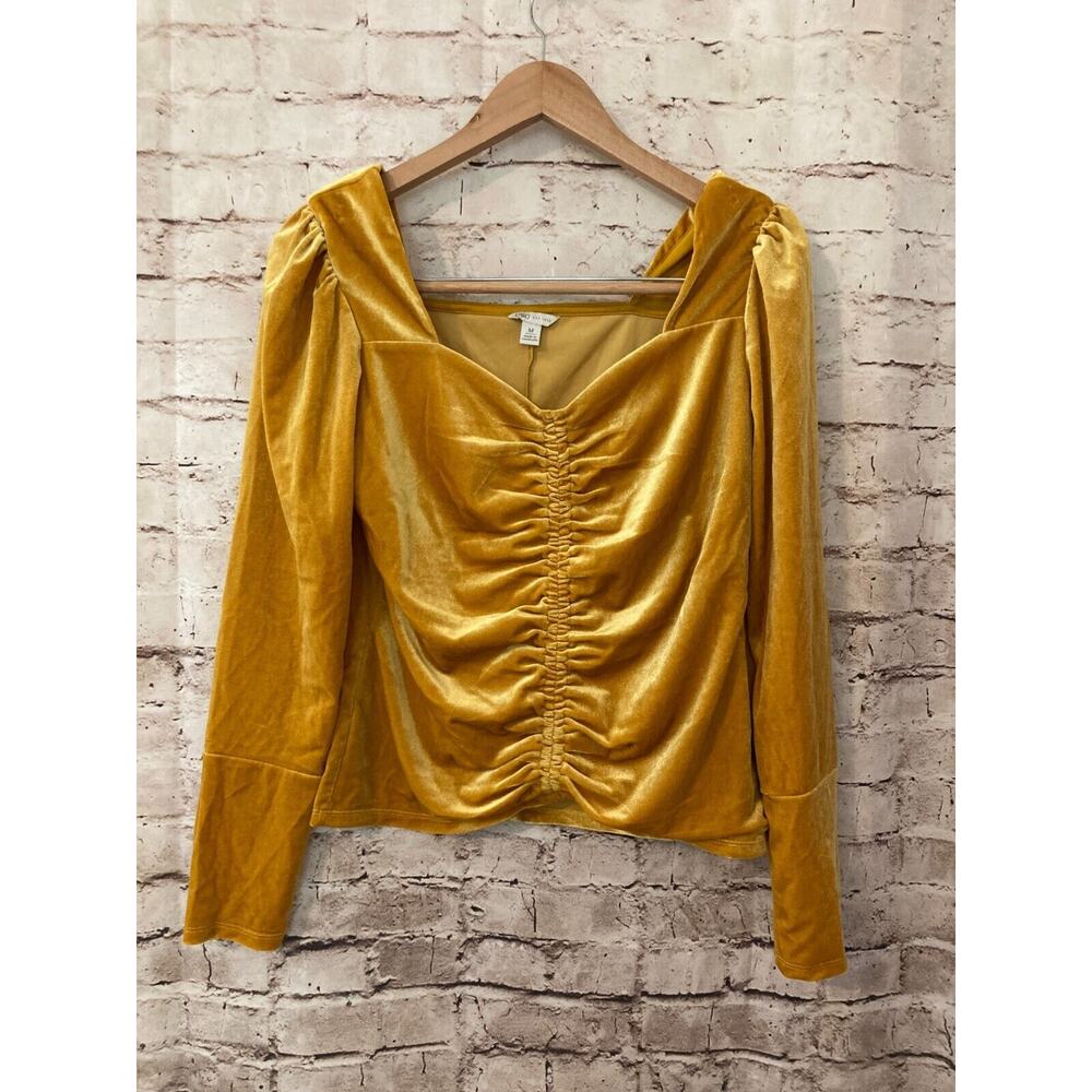 Cato Top Womens Medium Mustard Gold Velvet Cropped Ruched Boho Hippie Stretch